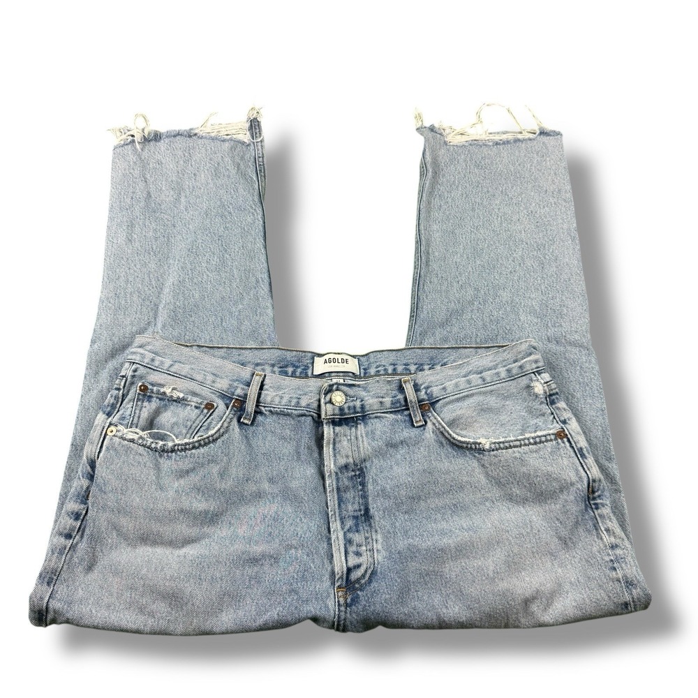 AGOLDE Riley High Rise Straight Crop Ankle Jeans Distressed Light Blue Wash 34